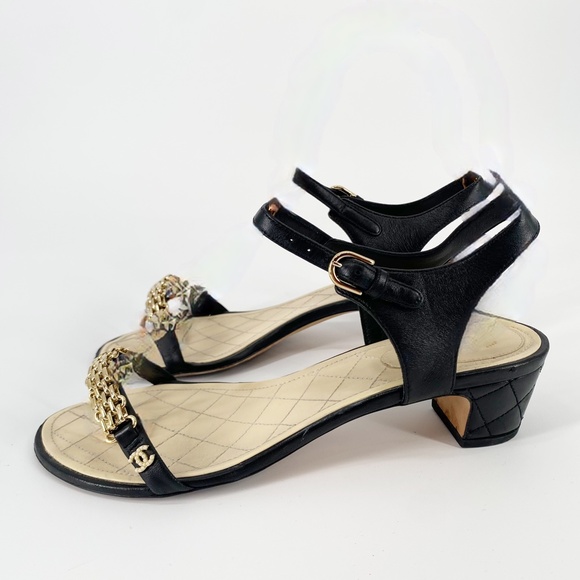 Chanel Black Quilted Leather Gold Chain Link CC Pearl Single Strap Sandals 40 - Picture 4 of 15